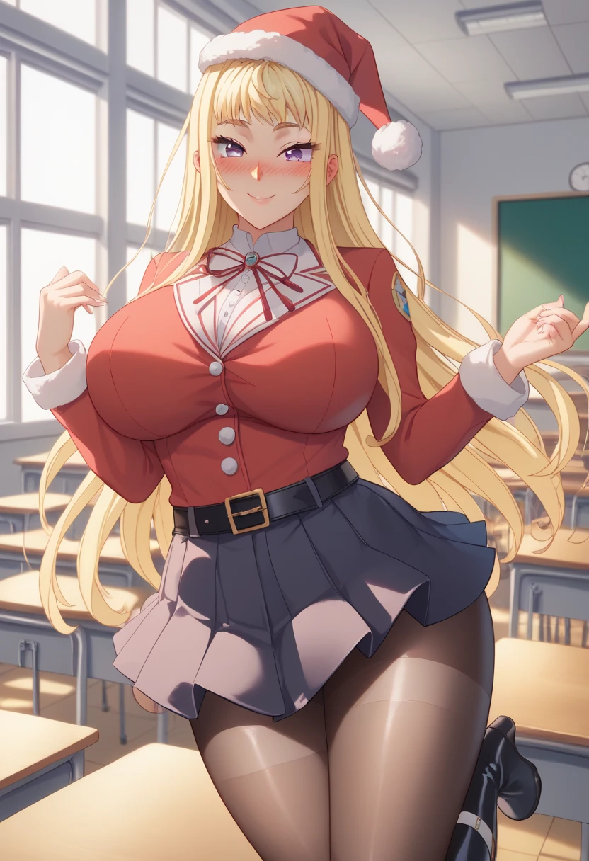score_9, score_8_up, score_7_up, score_6_up, score_5_up, score_4_up, (reika kurashiki), (front view), (2d anime style), (long blonde hair), ?????????????, (white shirt), (red vest), (red skirt), (black transparent pantyhose), (???? black string panties), ???? curves, big head, (solo), standing, lifting skirt, seductive pose, (blue eyes), looking at viewer, grin, seductive expression, cute expression, heavy breathing (classroom background)