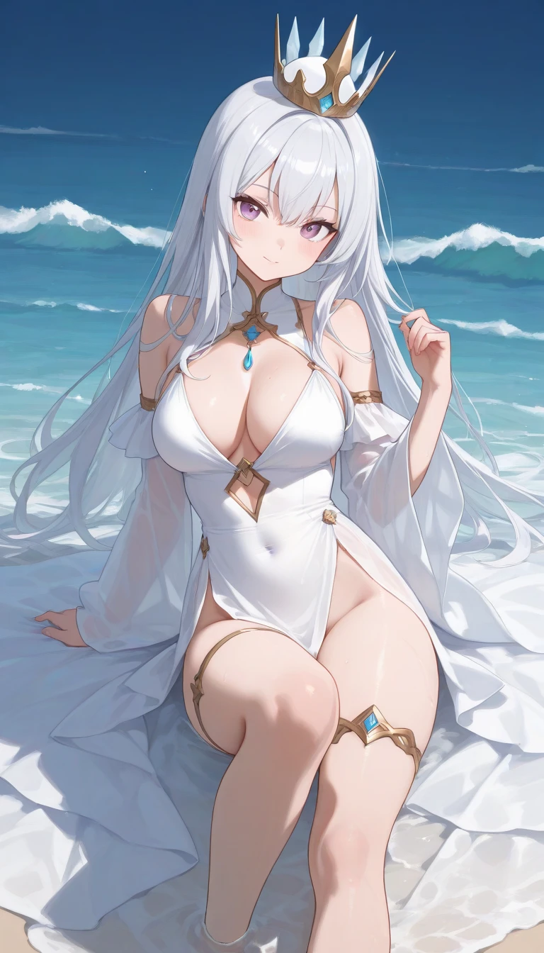 whaite hair，Have by the sea，Golden eyes，pretty eyes，long whitr hair，Short white robe，The barefoot，Step on the sand，Light enhancement，White skin，Anime shoujo，with dynamism，The ????? is large，The head has a hair card，Step on the sand，Anime boutique，long eyelasher，The barefoot，Pink feet，the witch，Magic textures，Simple short robe，anime big ??????，hyper HD，hyper-detailing，Beach by the sea，Tempting