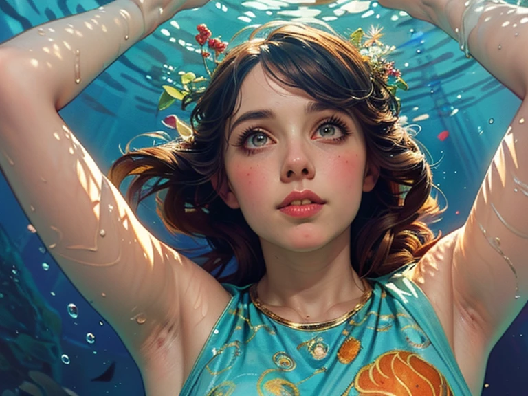 1 sexy and very beautiful girl, eyes closed, surreal bronzed_xl. the bronzed statue of her abandoned dreams. sense of suspense and mystery. bronze, vibrant and moody, underwater, seafloor and coral reefs, vibrant colorful goldfish, guppies, anglefish swimming, pastel-hued colors, sharp edges, dramatic, fine detail, epic mist, atmospheric, high resolution, vibrant colors, perfect young female , UHD, 8K, rich colors, chromatic aberration, sharp focus, bokeh, sci-fi masterpiece, highly detailed, intricate, beautiful volumetric lighting, epic light