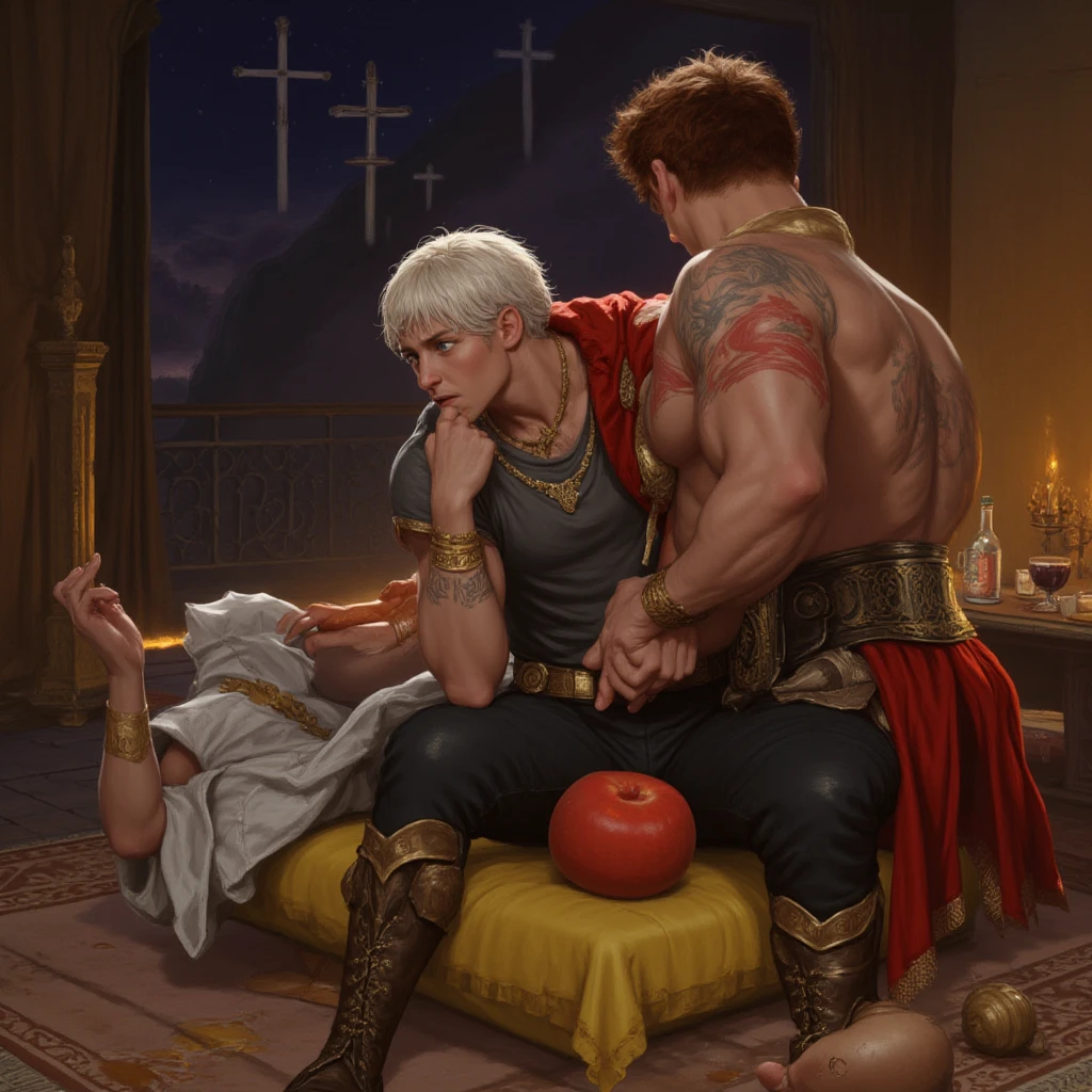 Fight between two masculine werewolves from medieval times, gloomy fire Illumination, shy, , looking pleasured, they are hard on giant nice ,  very detailed and brighter, the man are jercking-off the werewolve giant nice  .