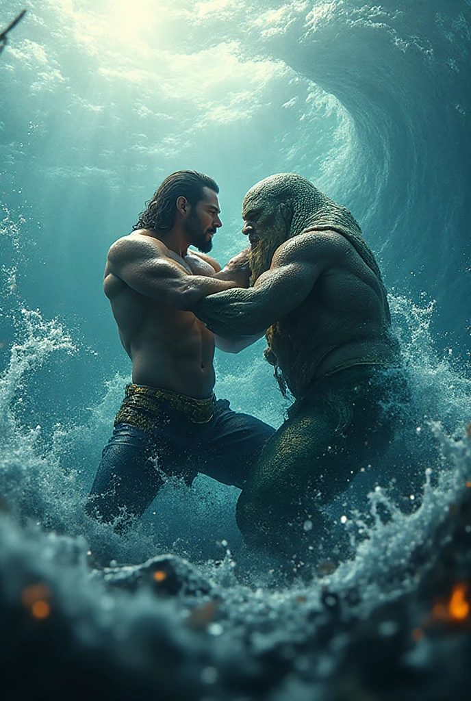 Two muscle male mermaid, gay couple, wrestling, merman, muscles, two male bodybuilders, blue mermaid tails, black long beard, black long hair, jumping from sea, sea, water wave, water twister, rocks, wallpaper 