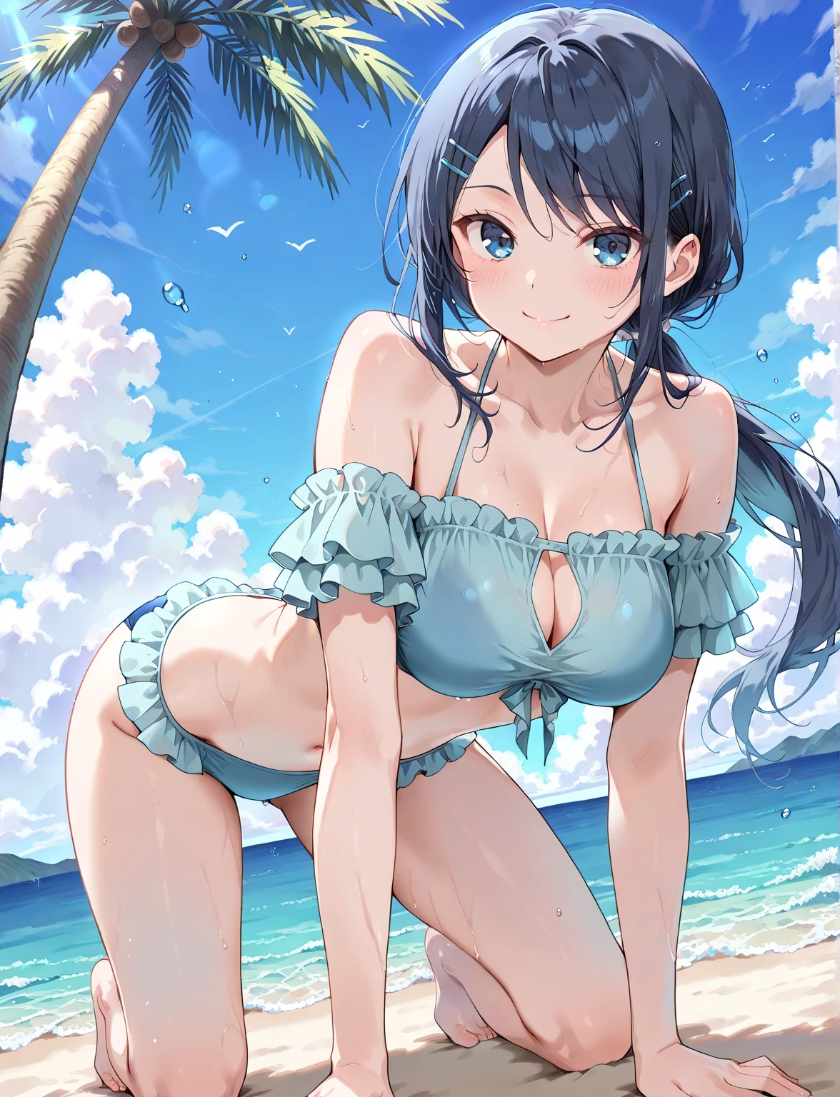 Okay, Saten Ruiko, Black Hair, blue eyes, Long Hair, ((hair ornaments)), Floral decoration, smile
((Sexy Swimwear:1.3)), 
((Beach, Palm tree:1.3)),  ((Arms above head:1.3) ,looking at viewer, (Cowboy Shot:1.5), ((Dutch Angle:1.3)), break (masterpiece:1.2), Highest quality, High resolution, unity 8k wallpaper, (figure:0.8), (Beautiful fine details:1.6), Highly detailed face, Perfect lighting, Highly detailed CG, (Perfect hands, Perfect :.3),