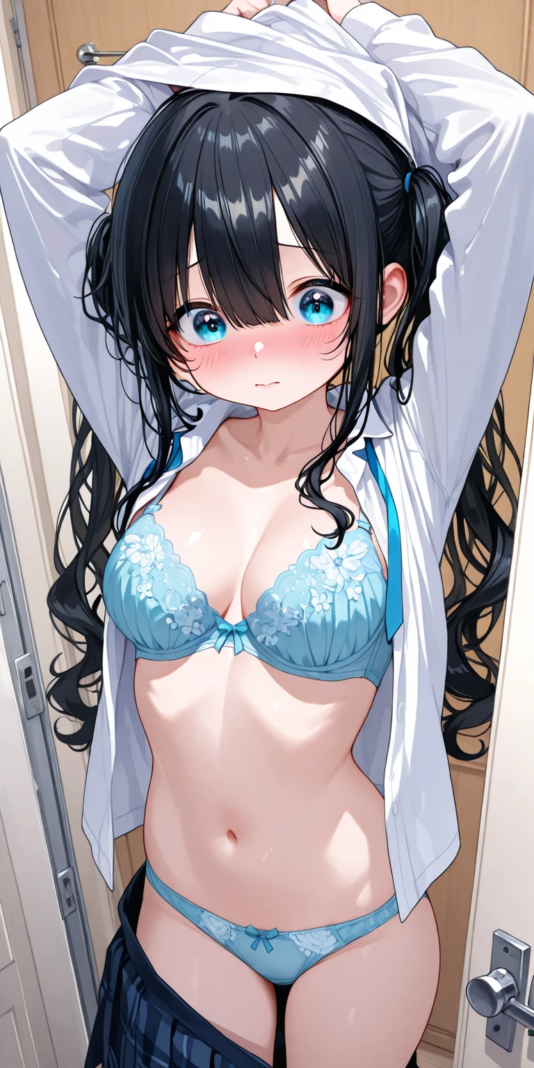 highschool girl　Changing clothes　school room　Clair　eye glass　Green Lingerie　anime illustrated　beste Quality　1girl