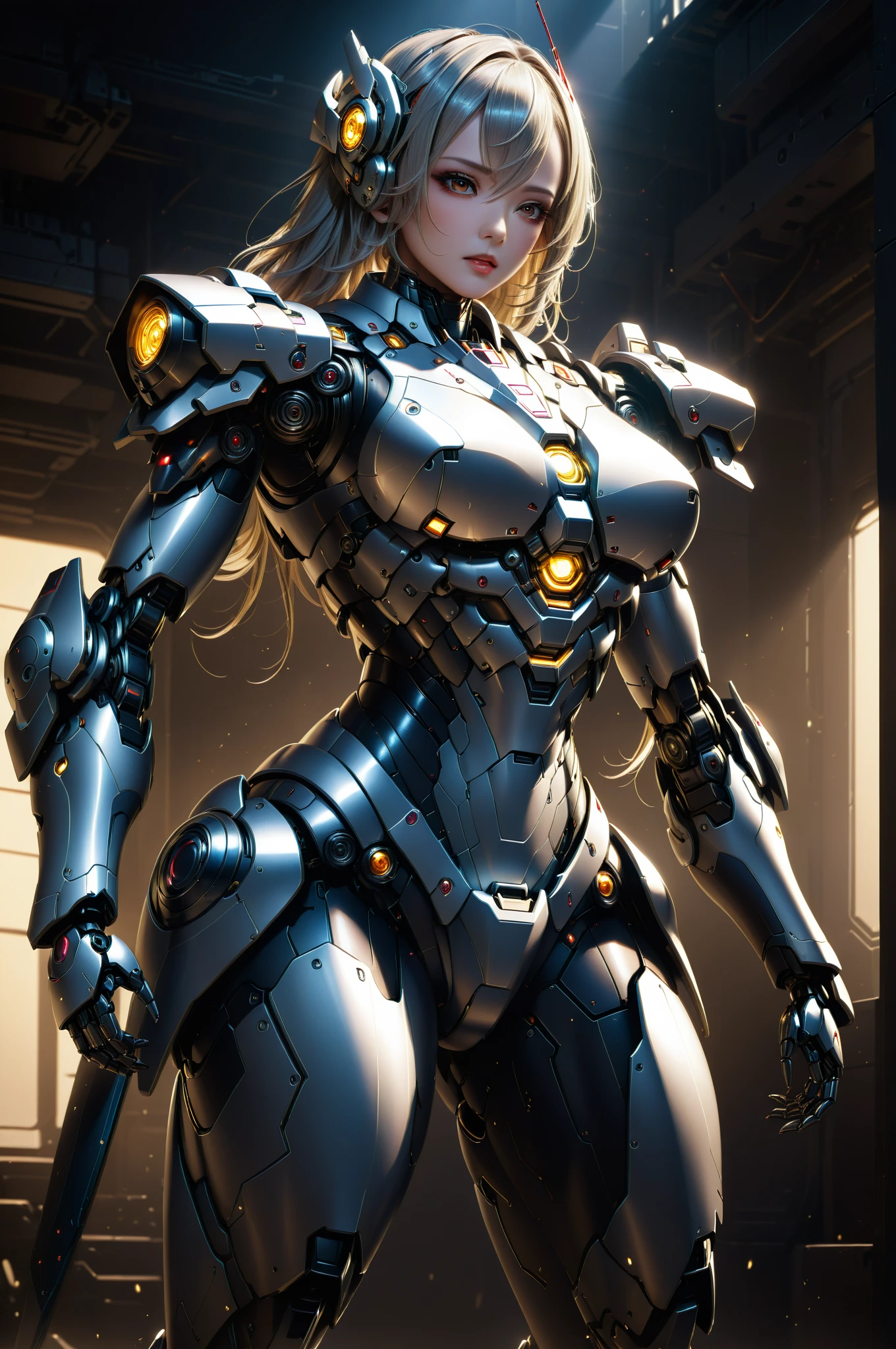 Blond wavy mohawk hair ,Cyborg girl, 45 years old, muscular, silver and gold suit, blue details, big , intricate details, cyber punk, heavy makeup, body armour, no pants, gun