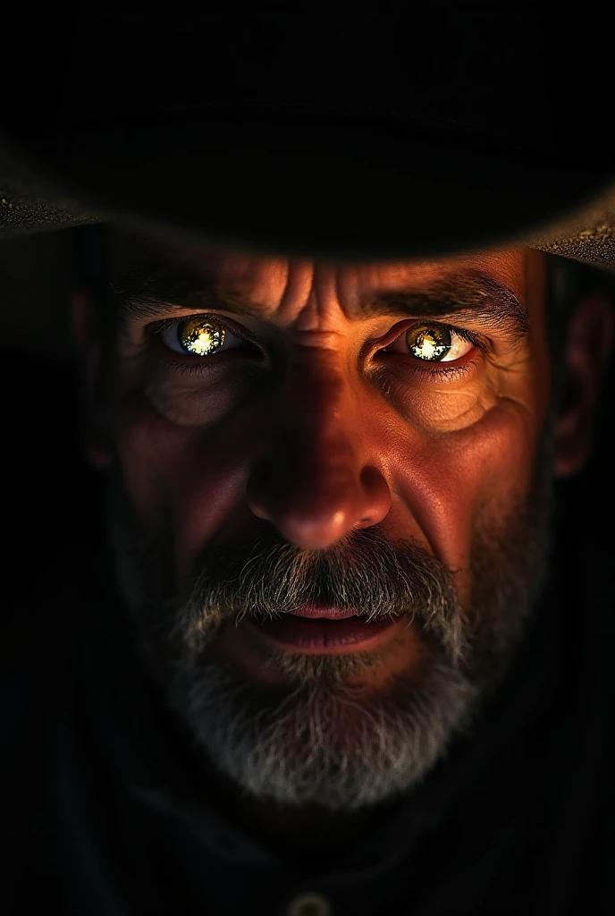 A close-up of the farmer’s glowing eyes beneath the brim of the hat, filled with a cold, eerie light.