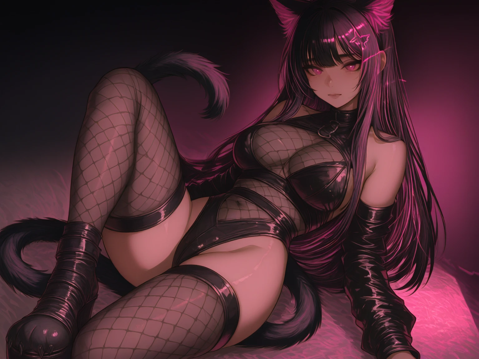 furry art, furry, anthro, anthropomorphic, female wolf, canine like, dark grey fur, long black hair with purple highlights, purple eyes,  detailed, shaded, render, bedroom setting, purple lighting female slim body figure, laying on bed, close up of, legs spread apart,