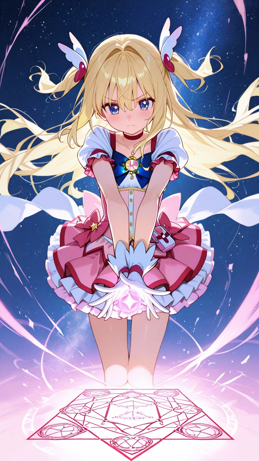 1_girl, (anime, kawai:2), (masterpeice, best_quality, clean:1.5), (sky_background:1.2), (cute, cute_smile, wholesome, young:2), (delicate, extremely_delicate, beautiful, thin:1.5), (girlfriend, angel:2), (green_eyes, simple_eyes:1.8) (long_hair, blond_hair:1.8), (combat:1.2), (wearing_pink_dress, pink_angel_wings:1.6), (combat:1.2), extremely_delicate, (love_magic:1.5), (age_size_fits_body), (small_thighs:1.3), (???????), (eye_level:1.3), (heart_magic, love:1.8), (warm:1.8), (folded_legs:1.5), (cheerful:1.3)