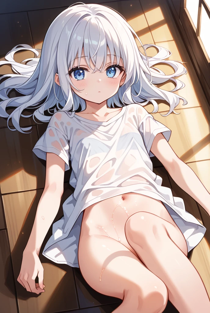 Cabello largo plateado, ojos verdes, monja, white clothes, flat , sonrisa, happy, muslos hermosos, inside house,  tattoo, piernas abiertas, sentado, shimapan