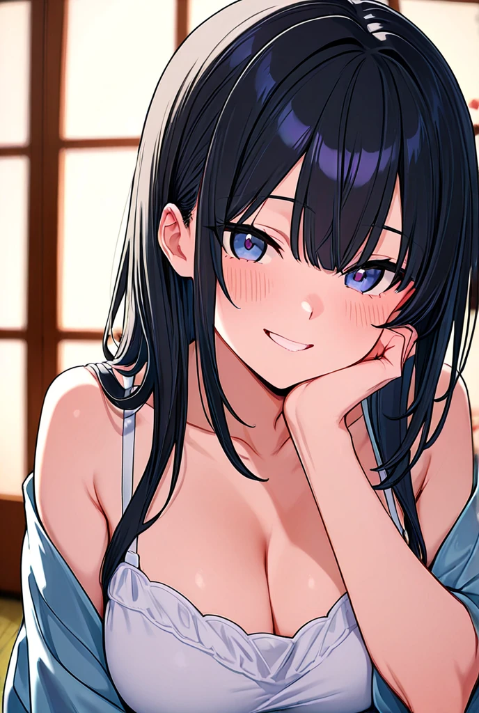 Side angle,(avert your eyes:1.5),Realistic,(Pale skin: 1.2), RAW Photos,Realistic,Portrait Photography,Shiny skin,Japanese Idols,Shiny Hair,(A 25-year-old woman with medium-length straight hair and bangs) and (Black Hair) and (Purple eyes),smile,Background is an office room,by 2 person,All ,,,,,,,Male organ,,Sweat,Sweaty,Female organ,Lower Body,,,After ,Normal position,,,Cowgirl