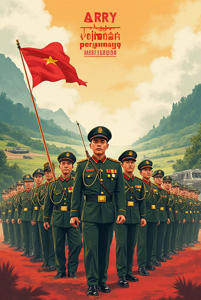 Chinese men wear green military uniforms from the Chinese liberation period，Behind the Chinese military hat is the national flag, the eyes are firm salute, salute, black hair, cartoon, simple, simple, simple