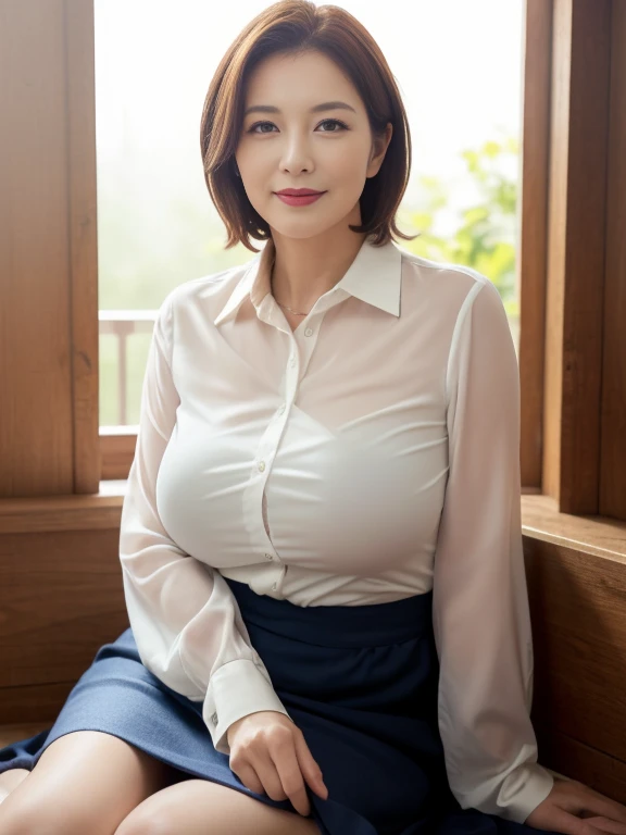 ((photograph))、((real photo))、mature adult woman、High resolution、((highest quality,8k,masterpiece))、((Full body shot 0.85))  portrait, gentle smile、 ((pale lipstick)), sensual, ((Very big breasts 2.3))Medium Hair, black hair, tied her hair in a bun, formal wear, ((white blouse)), gray tight skirt, Glasses, chubby woman,living room at home、