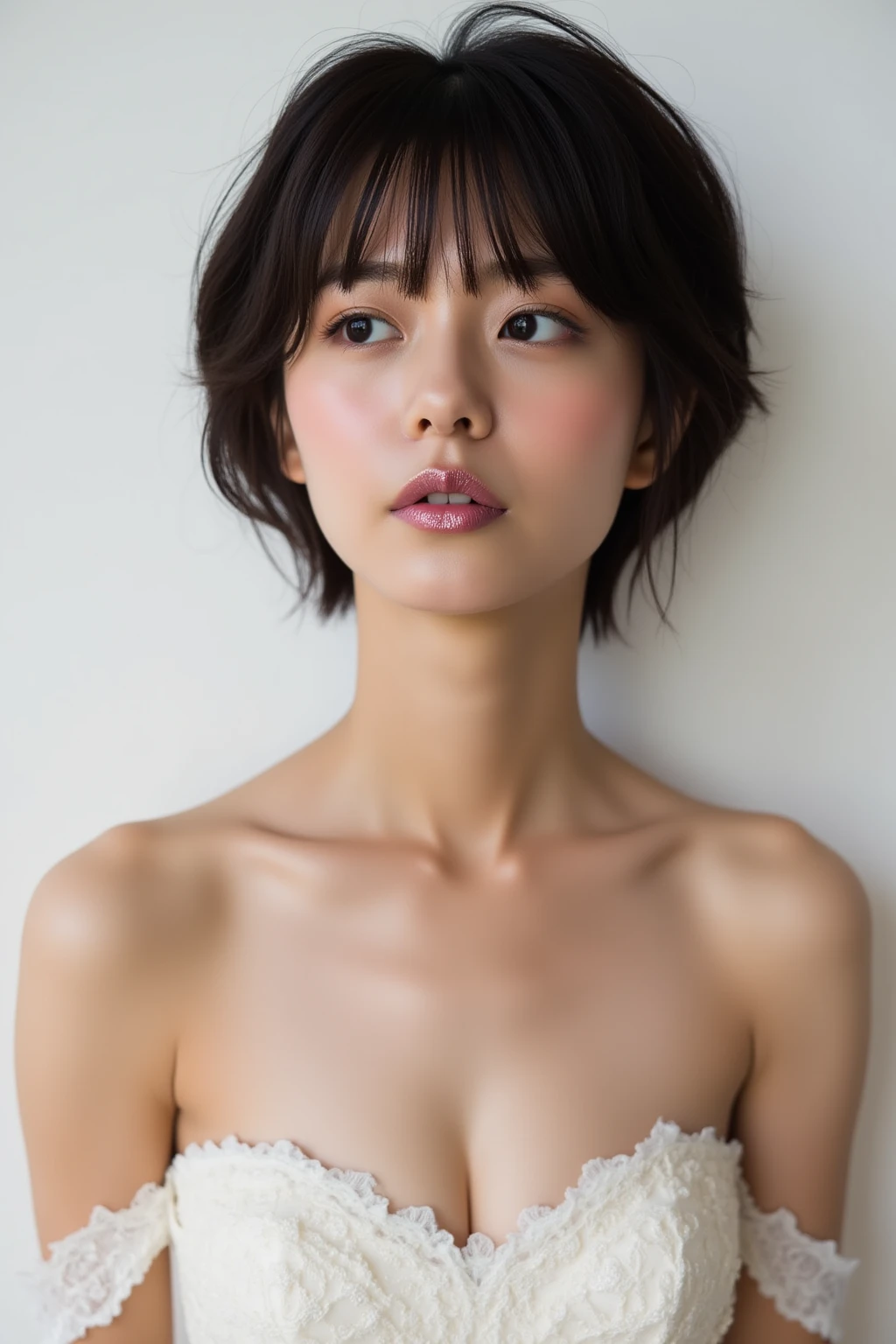 (Best quality, 8k, 32k, Masterpiece, UHD:1.2),Photo of Pretty Japanese woman, small ???????, very short bob hair,upper body,face focus, ????,  show ???????, necklace, simple background, from above, looking at viewer,