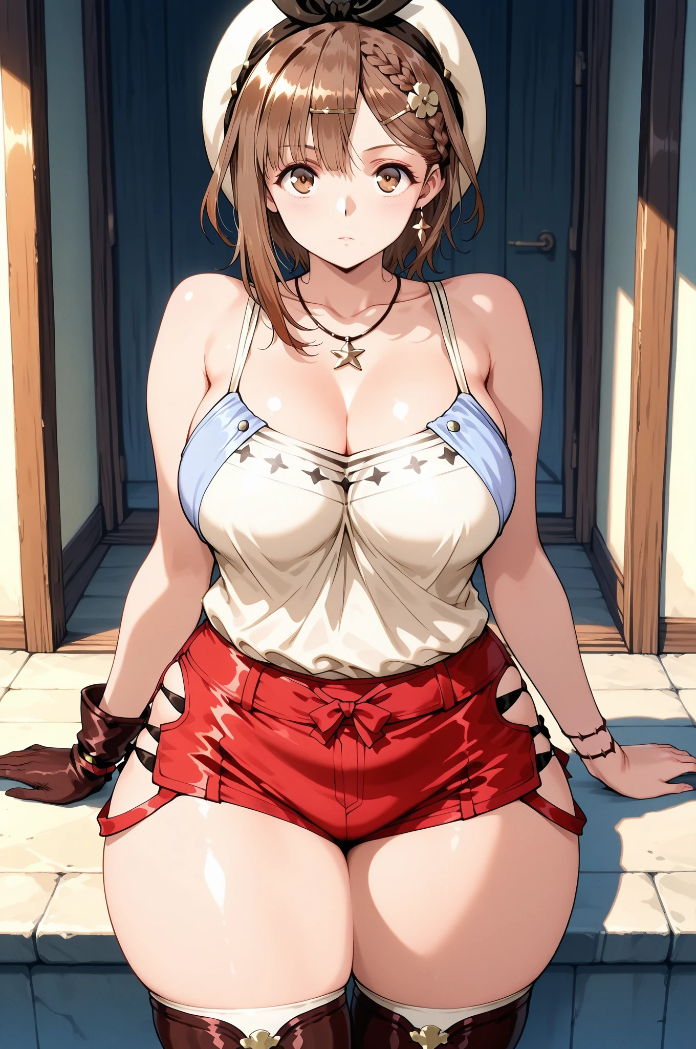 (Masterpiece、Highest quality、Very detailed、4K)、One Woman、17 years old、Sideboob、Cleavage、arm、shoulder、Big Breasts、Thighs、Apron only、stand、front、(Angle from below)