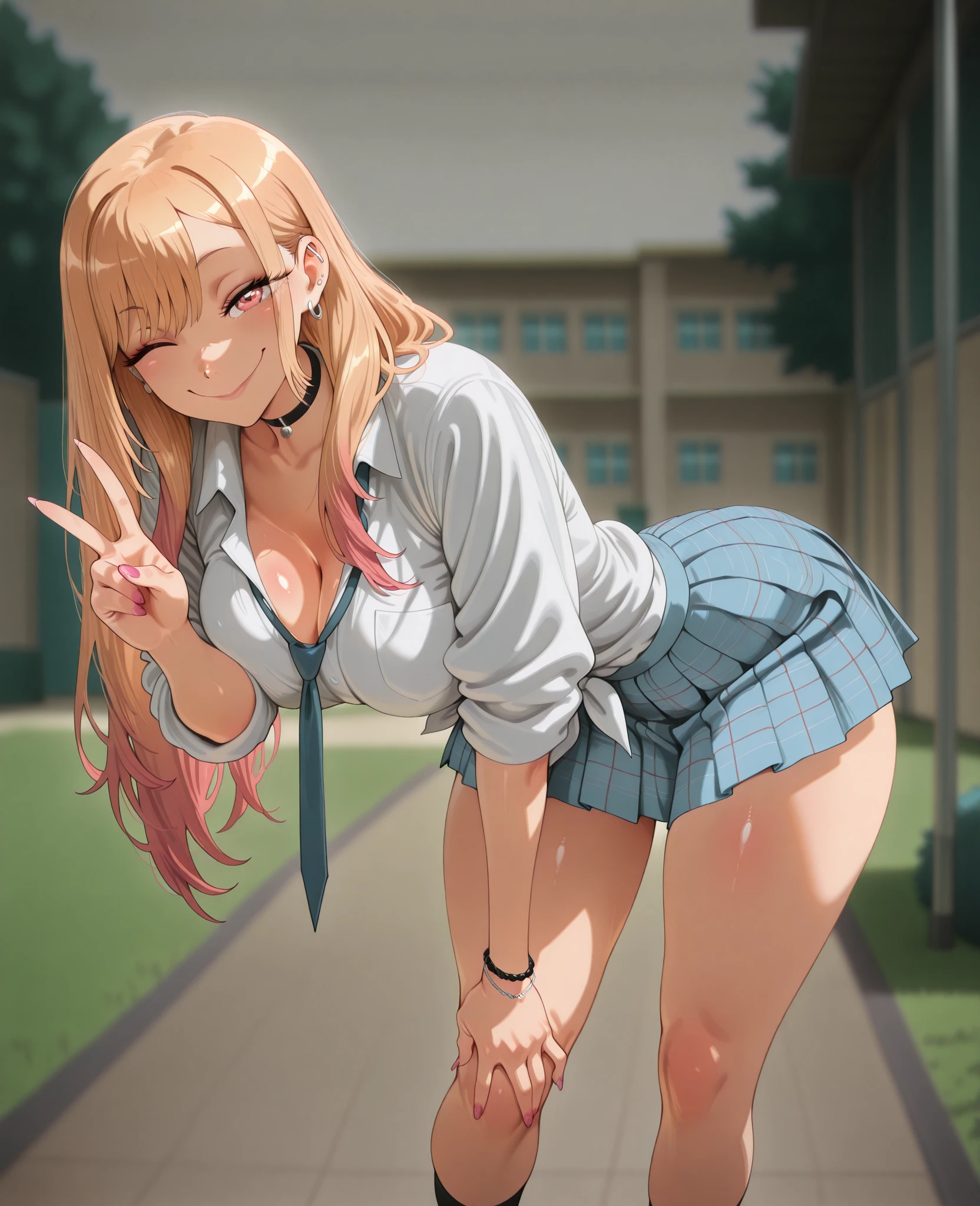 (masterpiece:1.3, highest quality, Ultra-high resolution, Very detailed), (Realistic:1.1, photoRealistic:1.4), Beautiful illustrations, Perfect lighting, colorful, Written boundary depth, Beautiful detailsまでこだわった髪, Beautifully detailed face, Beautiful details, Beautiful clavicle, Beautiful body, Beautiful breasts, Beautiful thighs, Beautiful legs, Beautiful fingers, View audience, 1 girl, Japanese, high school girl, Perfect Face, (Perfect , Anatomically correct), Cute and symmetrical face, Baby Face, Sunburn, Shiny skin, (Middle Hair:1.5, Twin tails:1.2, blonde), Asymmetrical bangs, blue eyes, Long eyelashes, (Medium Chest), thin, ((Collared short-sleeved shirt, Light blue shirt, , Grey plaid pleated skirt, To the Navy)), , (Beautiful views), evening, (Outdoor, distant cityscape), Are standing, (peace sign), (Cute Smile, Blushing、Upward glance, Open your mouth), (Very open :0.4),(Sometimes inserting a thick   into the  from below:1.3),( overflowing from the :1.2),(Tears overflowing),(Girl and zombie and zombie  inserted inside :1.5),