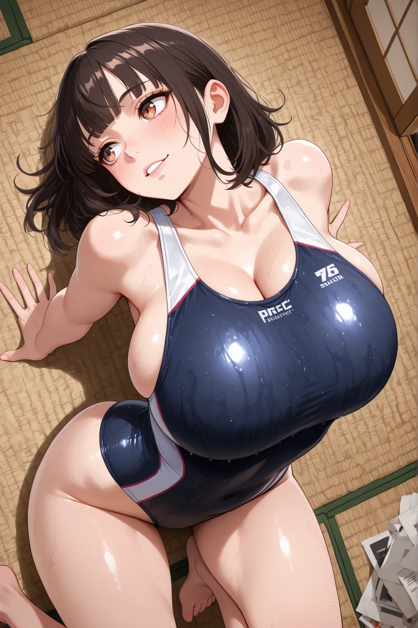 ((Table t○p, Highest quality, High Resolution、Anime Screen Capture、Pixel Perfect, 8K)))、Perfect Anat○my、((((Muscular))))、(((Huge breasts、Wide Hips、Wide thighs)))、(B○th armpits、Place your hands behind your head、Kneel)、((White competitive swimsuit))、((vapor、Sweat)), vap○r,(Green Eyes)、((Bobcut、Brown Hair、Single Braid)),  ((:or))、(Embarrassing、blush)、(Indoor Poolside)、from the front