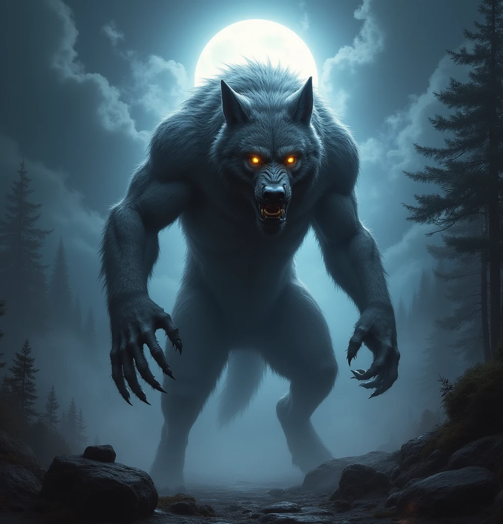 (Best Quality,4k,8k,high resolution,Masterpiece:1.2),ultra detailed,realist:lobo,(feroz,threatening,Frightening),intimidating,werelobo,gigantic,[],[humanoid,anthropomorphic],wild,Wild beast,Sharp teeth,bright yellow eyes,giant paws,ribbed muscles,Lunar background,full moon night,sinister atmosphere,dense forest,fierce howl,creature of the night,mythical creature,dominant presence,elegant movements,shadows and darkness,frightening silhouette,powerful stature,nightmarish,wild instincts.
