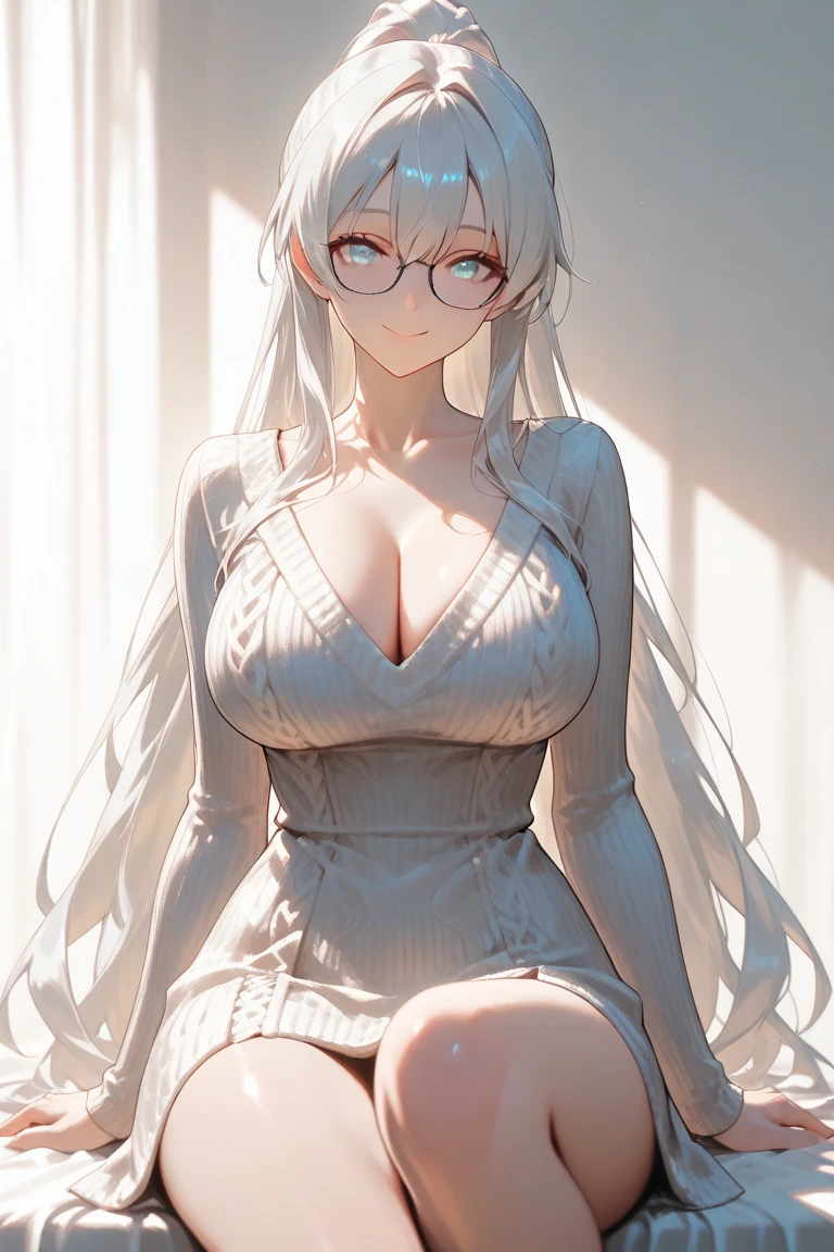 1Girl, Solo, Anime, Ideal body, body curve, down blouse, laced blouse, oversize, loose. (Small :1.1), (Hard :1.1). Beautiful, Gorgeous, Fresh, Blunt Bangs, (White Grey Hair:1.5),(Straight and Wavy Long Hair:1.3), laced camisole, casual, eyeglasses, mini dress, Comfort, cotton Texture. ( Seiza:1.3). Earrings, Thin Black Headband, Green Accessories, Environmental Details, Bed Room, Natural Light, Modern Bed, Chair, Window, White Curtain, City View. pov, anime style, UHD, retina, masterpiece, accurate, anatomically correct, textured skin. High Resolution, Looking at the Viewer, Blush, Best Quality, Award Winning, Accurate, Embarrassed,  smile, sweating,  smile,  Face, , Gradient Eye Color,  Pose, Eye Level, Cowboy Shot, (sticky goo on ), (white goo on body), (sweating). (white goo on the ),.
