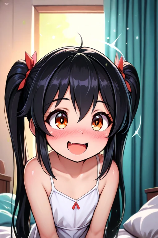 front view,looking at viewer, looking ahead,from above,cowboy shot,1girl,Beautiful 11 year old girl,Japanese,Slender,,low length,Small breasts,Thin legs,Small Ass,Baby Face,Small face,Black Hair,Row Twin Tails,Gray Eyes,Drooping eyes,middle School girls,A transparent black and yellow negligee,Sexy Lingerie,open mouth,tongue out,front face,Kneeling,Put your chin forward,Beautiful and detailed anime art,Mischievous smile,Little devil look,Sexy vibe,cum on tongue,Dimly lit room,On the bed,Simple Background,Gray background,Pink lighting,pointing at self