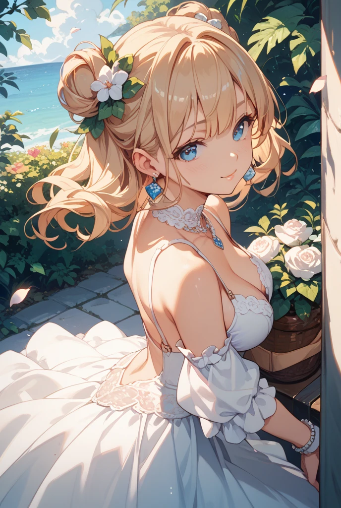 1girl, adult woman, (: 1.4), (Blushing:1.4), (Loose string dress with no pleats, lift skirt, skirtlift, floral print, cleavage, ), blushed, Smile, Cowboy Shot, Slim body, Small breast, small boobs, Full Body, glowing skin, detailed face, detailed eyes, (Detailed background: sunflowers farm, summer time)