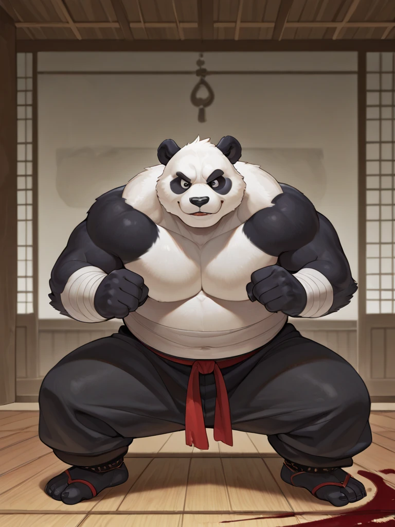 kfp_po, giant panda, (two-tone fur, panda:1.1), fat, chubby, body fur, head tuft, green eyes, belt, brown shorts,paws, foot wraps,looking at viewer, serious, smiling, 
standing, outside, chinese garden, koi pond, red torii, blue sky, extreme detail, masterpiece, fantasy,  