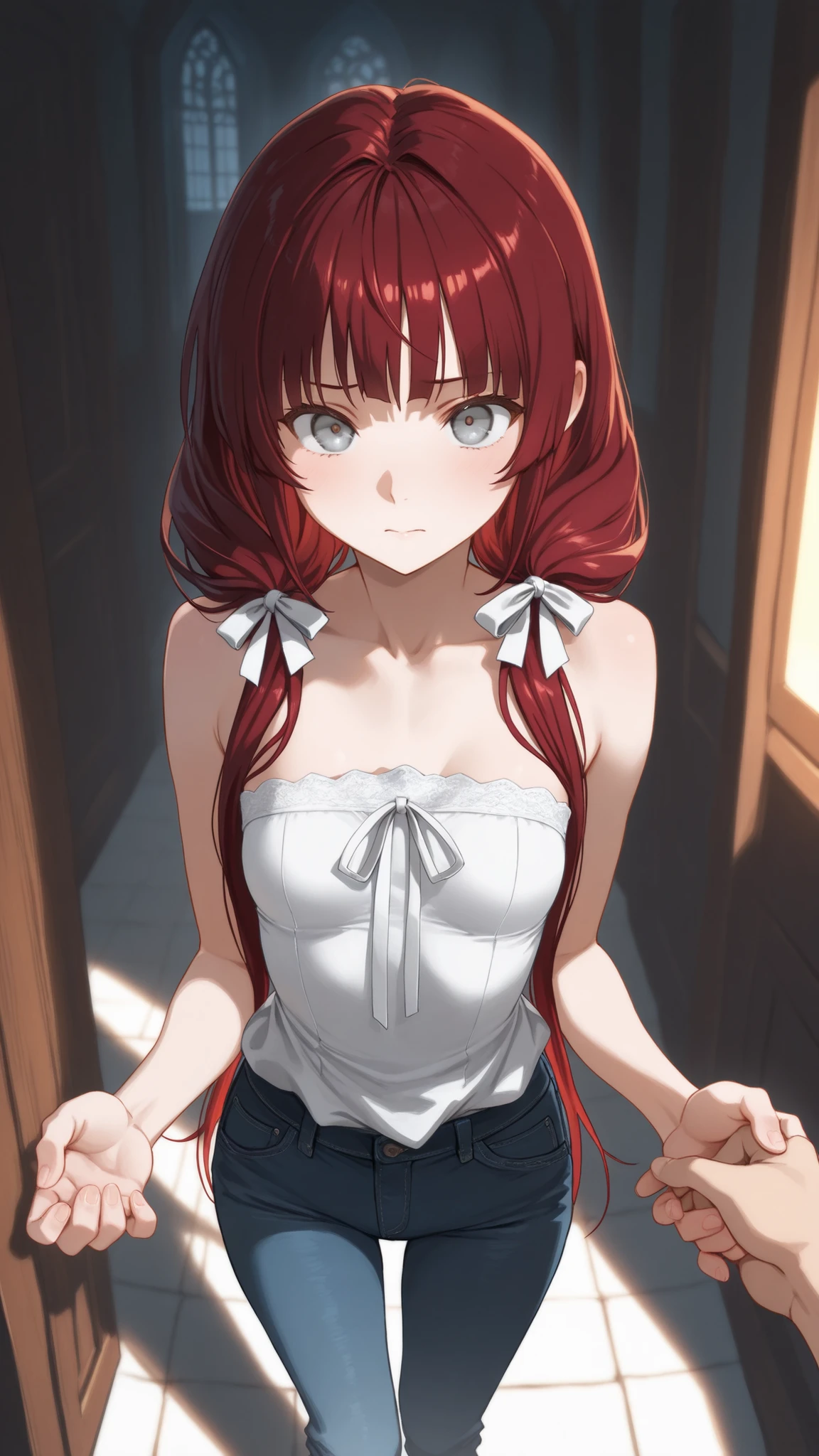 red braids, long red hair, pink eyes, small breast, white clothes, girl, adult, , xxx, scene +18