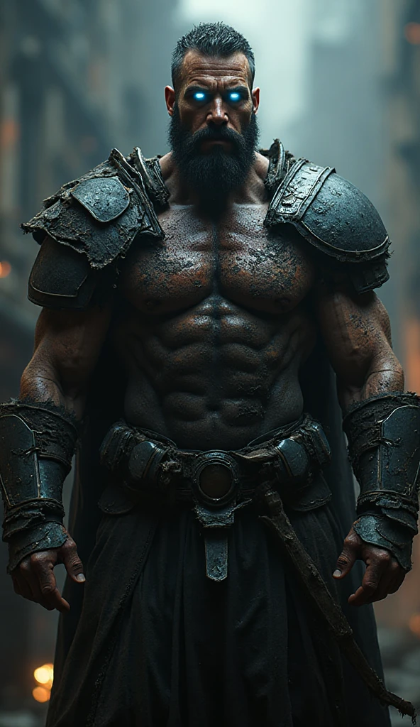 A burly bald warrior. He is equipped with heavy metal armor complete with iridescent runes etched into it.. His face shows anger. In his hands he carries a huge two-handed axe.. In the background you can see the square of some medieval city. A scar crosses his unshaven chin.. 