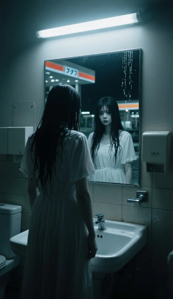 (masterpiece:1.2, Best Quality:1.2), 32K HDR, High resolution, Solo, 1girl in, (Ultra-realistic portrait of Sadako Yamamura, the ring_Japan horror movies), ((Black hair, Long hair, hair over eyes, Long bangs)), (White skin, pale skin) (((static screen on tv:1.1, top down - bottom up, Coming out of the TV))), Detailed skin texture, Detailed face, (Dark atmosphere:1.1, Dark living room:1.1, in the abandoned house, in Japan),