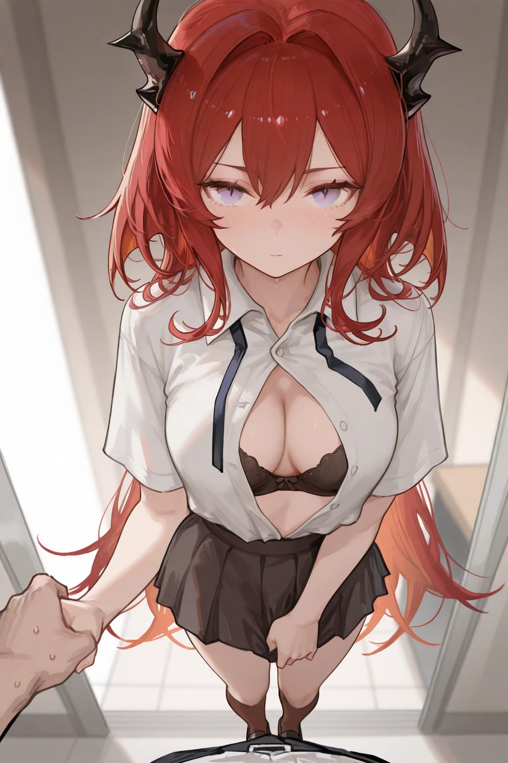 Nino Nakano, blue eyes, Say goodbye to hair accessories,  ( comes out),BREAK looking at viewer,indoors, classroom,break (table top:1.2), highest quality, High resolution, unity 8k wallpaper, (figure:0.8), (beautiful and fine eyes:1.6), detailed face, perfect lighting, Highly detailed CG, (perfect hands, perfect ),,woman ,irritated expression,((white panties)),show your ,,Kneeling