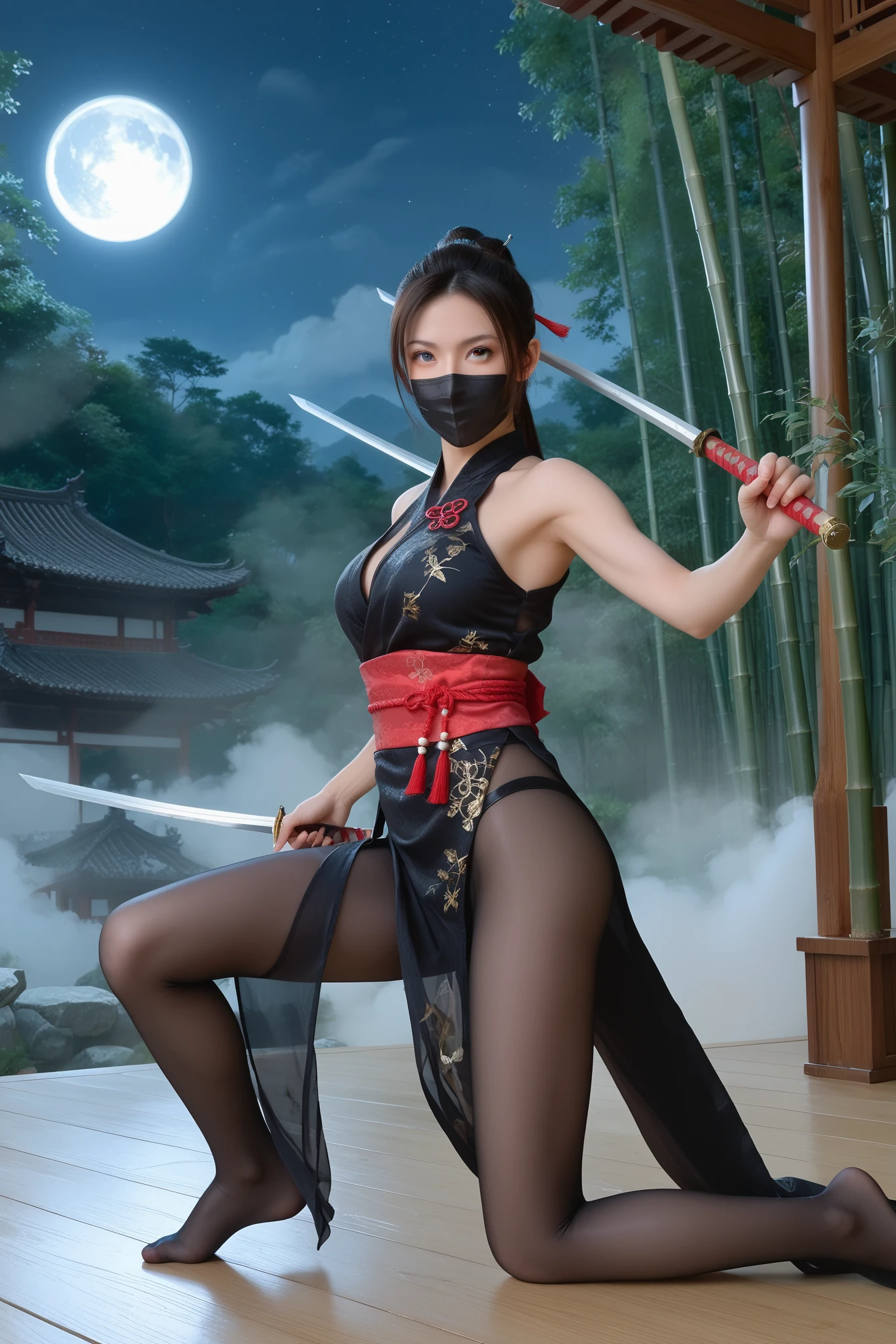 1girl in,Dressed in a naughty ninja costume、Beauty with a sword,Beautiful as a goddess,Cool smile,Long black hair fluttering in the wind,Slender and tall, but large,Constriction,shapely butt, thighs,tre anatomically correct,Accurate Depiction Fingers,Black ninja costume,cleavage of the breast,fishnet tights,Get down on one knee and hold a sword in your right hand,Active Pose,Old Japanese-style room,​masterpiece,high-level image quality,Hold the sword anatomically with precision and precision,