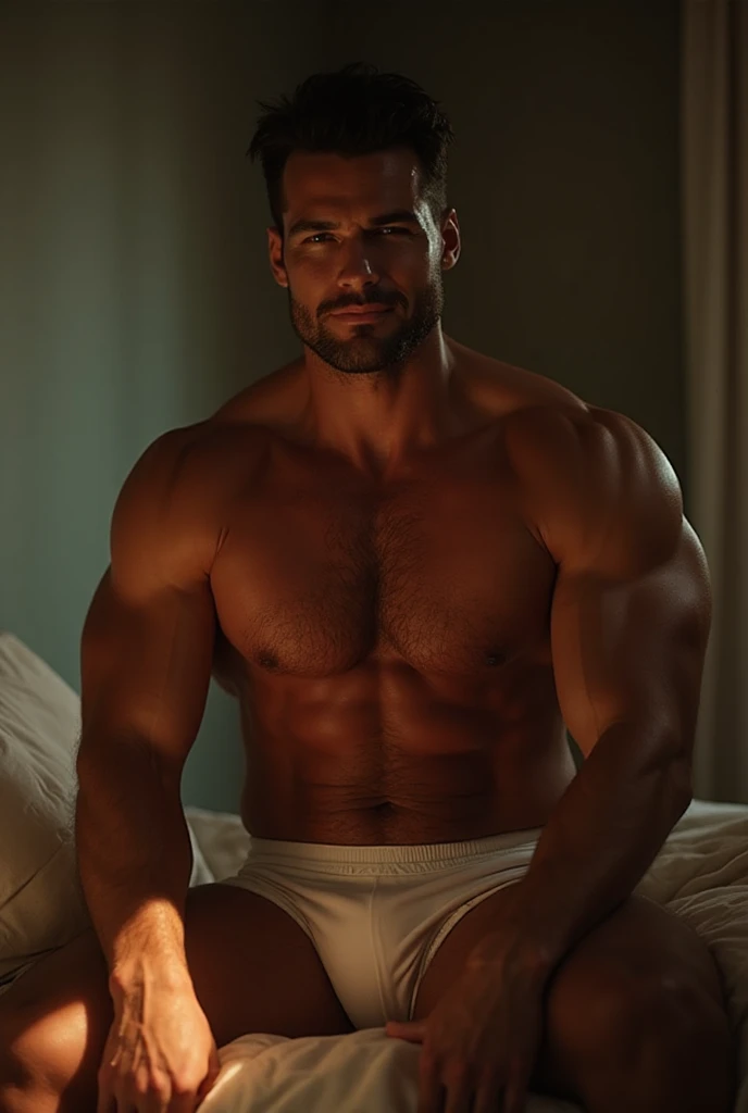 dripping in sweat all over his body and blushing,  and humiliated, very Light skin, Henry Cavill, hunk man, with the biggest pecs, with big  as large of his ear, with big arms, with big 9 inches , totally , kneeling on the bed and , wearing the smallest lace lingerie stockings and tight dog leash, looking sensually directly to me, sucking a big brown sausage, showing his no hair armpits