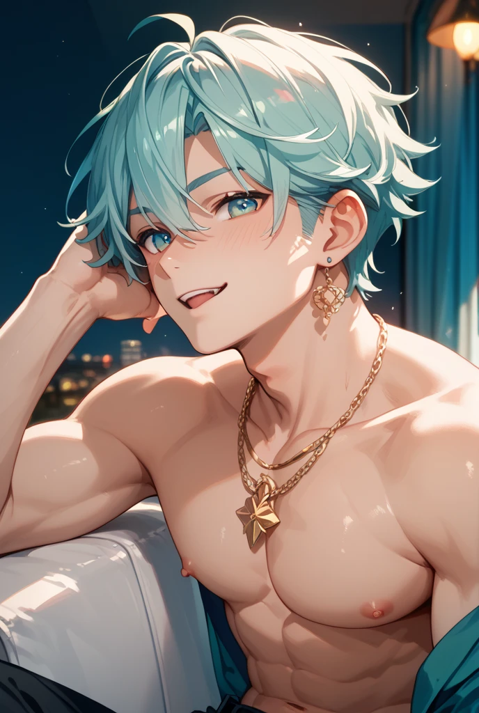 ((((best masterpiece, best quality, wallpaper,)))) solo, guy, male body, small muscles, flat , 1male, 30 years old, handsome man, dramatic angle, upper body, looking at viewers, beautiful detailed, finger to mouth, mediumturquoise hair, ((((Lower short ponytail)))), asymmetrical bangs, ((short hair,))  smile, ((( one eye closed, gold eyes,))) (((^o^, tareme, droopy eyes,))) perfect face, sharp nose,  smile, clear face, , ((silver earrings, silver necklace,)) leggings, lighting back, backlighting, pink background color ultrasharp, 8K, masterpiece,