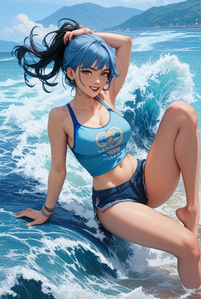 4K, (masterpiece), Highest quality,, ((:0.9)), (Unbuttoned shirt),Shorts, (Big Breasts), , Long Blue Hair, blue eyes, smile, Full Height, Clear Eyes, Black eyelashes, (Complex and detailed), dramatic, trend,Full Body Shot,Centered,Wild feeling,Ocean,