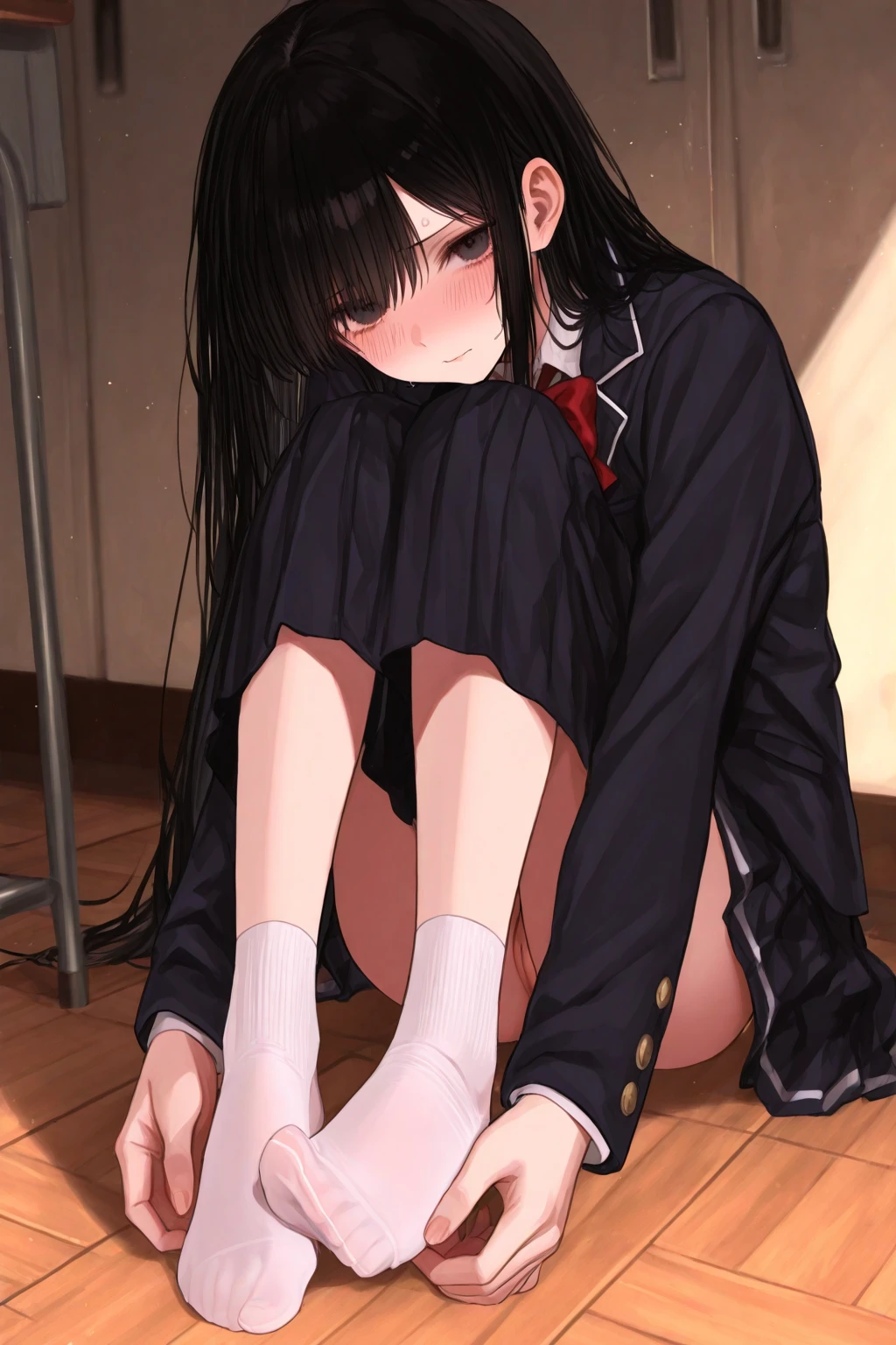 Masterpiece quality high resolution、Anna Tanaka , long hair, Sit down，Knees bent、Eight-headed body、beautiful legs 、in a school、As if looking from below、mortified、white lace、