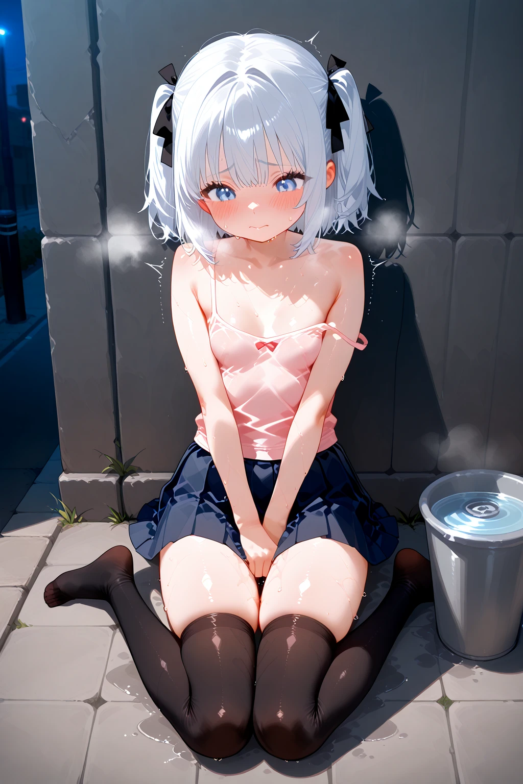 ????,(((perfect ???????,realistic:1.4,RAW Photography:1.4,masterpiece、highest quality、Ultra - High resolution、High resolution、Highly detailed CG、8K))),cowboy shot,1 female,solo,25 year old beauty,Japanese,((beautiful detailed face and eyes:1.3,big gorgeous eyes:1.3,gray eyes)),white hair, inner color hair, short bob hair,blunt bangs,blush,(??????????????,slender body,small head:1.3,skinny),(gleaming skin,shiny skin,sweat:1.4),(Wet ??????),(black shirt ,???? legs),full ?????????? ,((???????????)),bottom less, show off ?????, ??????, lift up shirt ,(??????????),doctor 