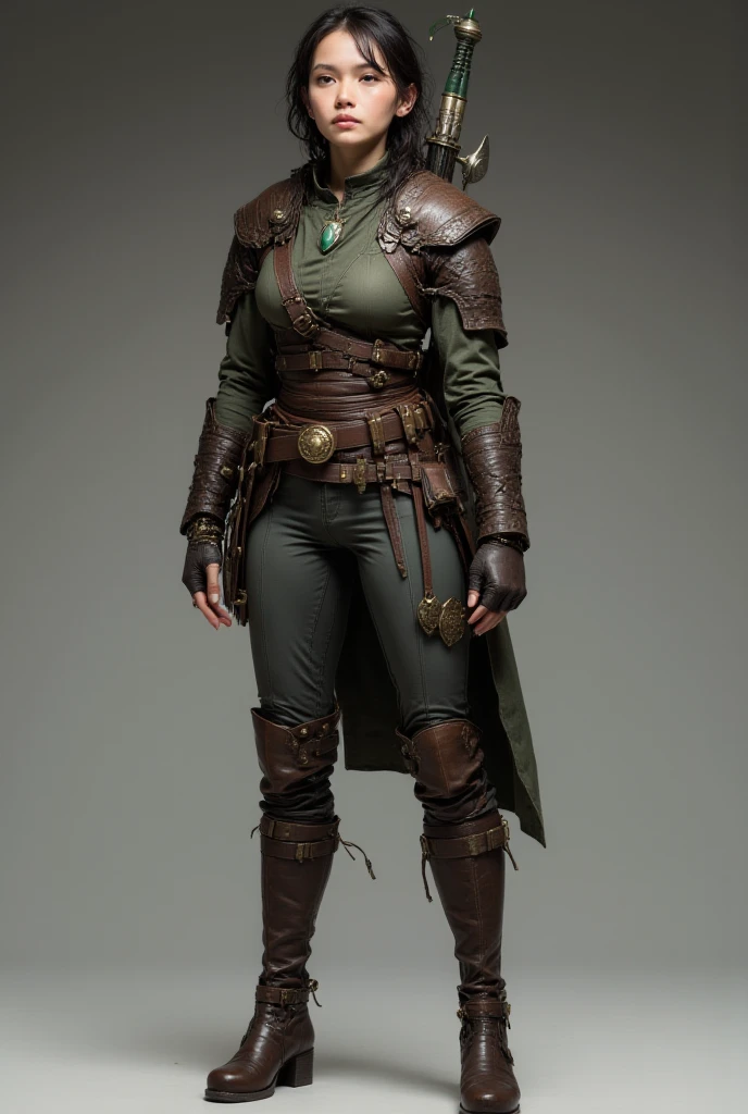 best quality ,4K,8k, highres icon, masterpiece :1.2, Ultra-detailed,realistic,photorealistic,photo-realistic:1.37,HDR,Ultra HD, studio lighting ,ultra-fine painting. A black medieval detective with voluminous frizzy hair investigating a crime scene, wearing black leather armor with green and gold details , decorated she wears a green cover with gold details, she has , She uses a magnifying glass on her hands , black skin, Just Warrior , strong and powerful detective , she's investigating an ancient city , a champion of justice , tenth century investigator , medieval terrain , preparing to bring criminals to justice