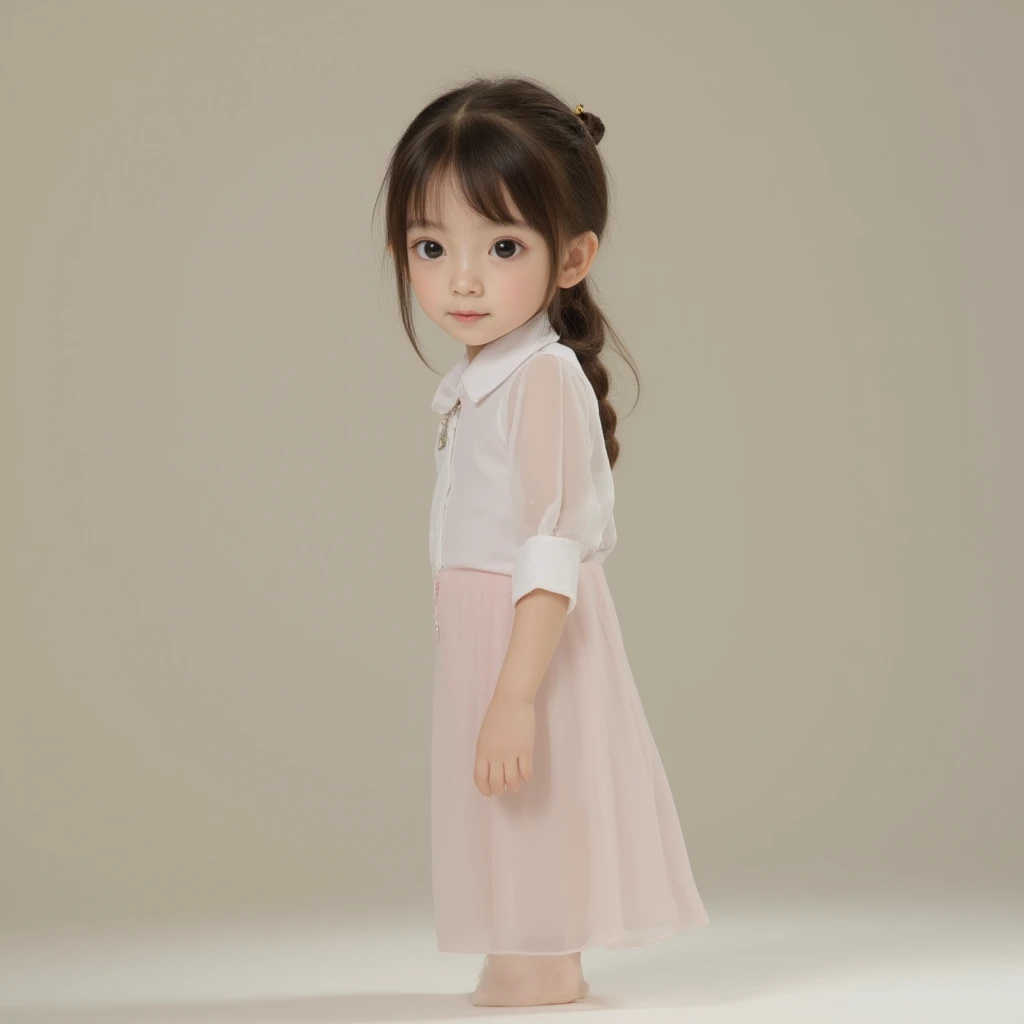 a little lovely kid girl，（for 6 years old），Childrenswear outfit，Small pink lips，Wearing a bright white shirt，[curlies|hair straight]，largeeyes，Fine hair，Pastel palette aurora punk style，hand-drawn animation，Captivating sketch，Smooth and shiny，（Children's Photos:1.1），（Child model），Hazy romanticism，Super Flat Style,White background -- ar 1:1--niji 5--style expressive--s 50，plain face,Sports children's clothing，Children's shoes，European-American mixed-race，Leaking teeth，ssmile