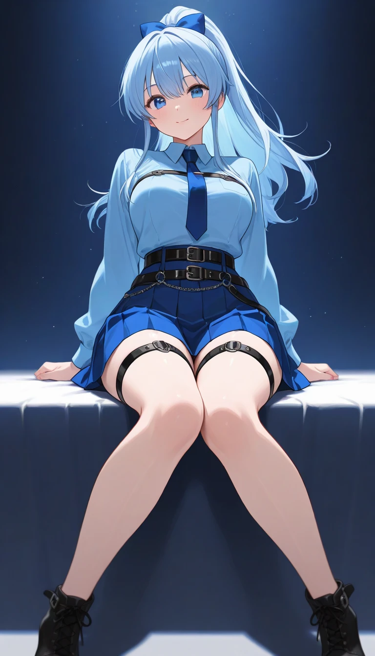 (masterpiece), (best quality), (ultra-detailed), (best illustration), (best shadow), (absurdres), scan, (extremely detailed CG unity 8k wallpaper:1.1), highres, ambient light, (1girl), Beautiful character design, official art,extremely detailed CG unity 8k wallpaper, perfect lighting,Colorful,shiny skin, (masterpiece:1.0),(best_quality:1.0), ultra high res,4K,absurdres, mature face, (adult), (adult face), fine detail, HDR, (8k, best quality), ultra-detailed, extremely detailed cg 8k wallpaper,fashion,1girl, solo, narrow waist, medium breasts, long hair,,(looking at viewer:1.2), natural lighting, blue hair, (hair rings:1.5), yellow eyes, Himari Azuma, full body, skirt, thighhighs, uniform, military uniform, sitting , , white , , bedroom 