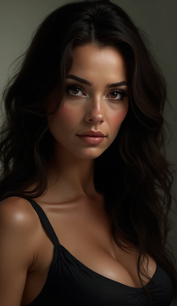 A young woman with amazing beauty, white skin reminiscent of a vampire,big blue eyes reminiscent of a gazelle,detailed perfect siren eyes,attractive looks,a flat little nose,a slightly upturned nose, perfectly shaped full lips, brightly detailed lips,bony  features,pronounced cheekbones,high thin eyebrows without curves, long eyeliner,pronounced jawline,black messy hair, detailed appearance, light skin texture, dark background, detailed body,black skin the dress is a non-Asian model,realistic