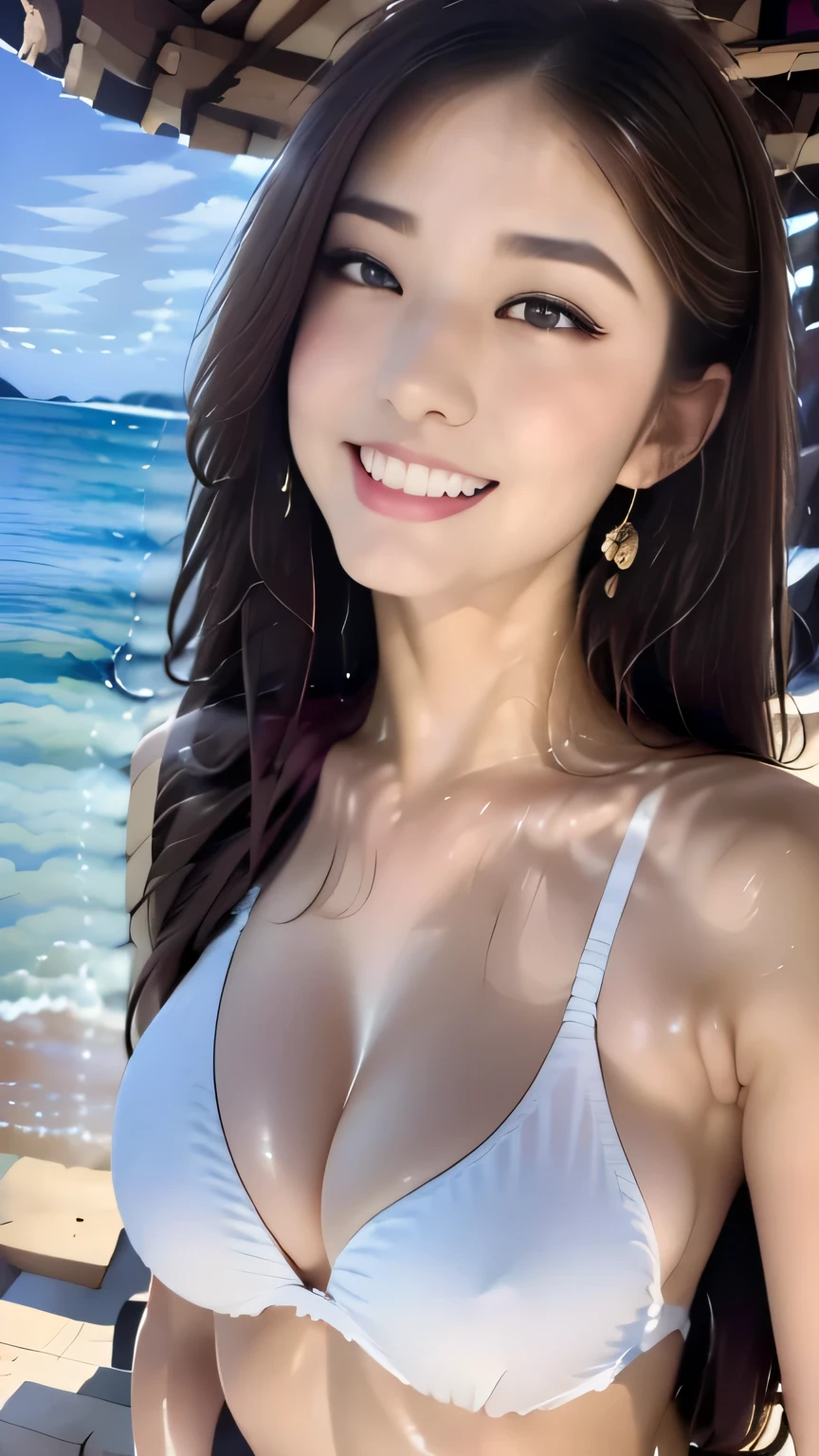 ​masterpiece、top-quality、realisitic、(A hyper-realistic), (illustratio), (hight resolution), (8K), (ighly detailed), (The best illustrations), (beatiful detailed eyes), (top-quality), (ultra-detailliert), (​masterpiece), (wall-paper), (详细的脸), a bed、Upper body close-up,Armpit, A smile,Plump,独奏,（Wearing a silk plunged :1.5）, full of sweat, japanes, large full , (camel's toe)、huge-breasted、Luxury living room、Detailed white teeth、ultimate beauty girl、No bra、（Thick necklace of gold）、perfect teeth、Brown hair、Light makeup、Navel、She's wet、soaked、