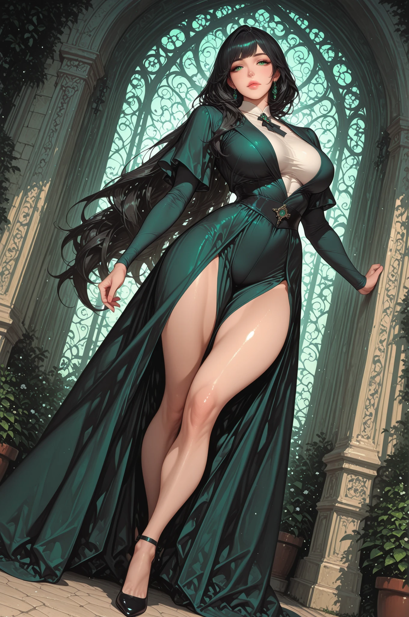masterpiece, highest quality, (solo focus), (perfect face:1.1), (full body), (high detail:1.1), (hyper-detailed eyes), dramatic, a woman with pale skin and long voluminous dark green-black hair, green eyes, solo, long hair, arrogant expression, cybernetic, heels, art by artgerm, cinematic lighting, fashion, BalenciagaStyle