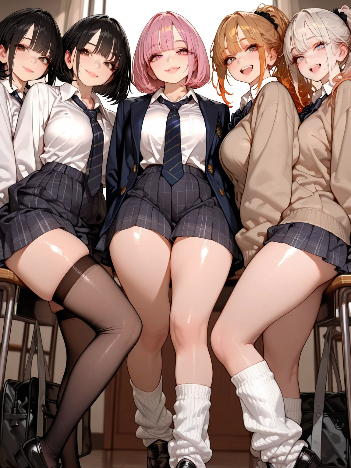 ((3 girls:1.5))、(smile:1.5)、(blush)、shirt、blouse、((fun))、chiralism、(small breasts)、black hair、(single braid)、(highlight on eyes:1.3)、blake black footwear,(黒いskirt)、bow, button, 襟の付いたshirt, long sleeve,  ((red bow tie, , black jacket, open jacket, brown cardigan, 白のshirt, 黒のskirt, チェック柄のskirt、white socks)),, shirtを,, skirt, socks, thighs, 白い shirt, rest indoors, ((classroom:1.5))、 BREAK Looking at the viewer、(skirtを掴む:1.0)、 (perfect hands, perfect anatomy),cowboy shot、(skirt lift:1.3), (pull panties)、((shaved :1.5))、(skirt that rolls up:1.3)、(Highly detailed  fully exposed:1.5)、(Photo seen from below)、