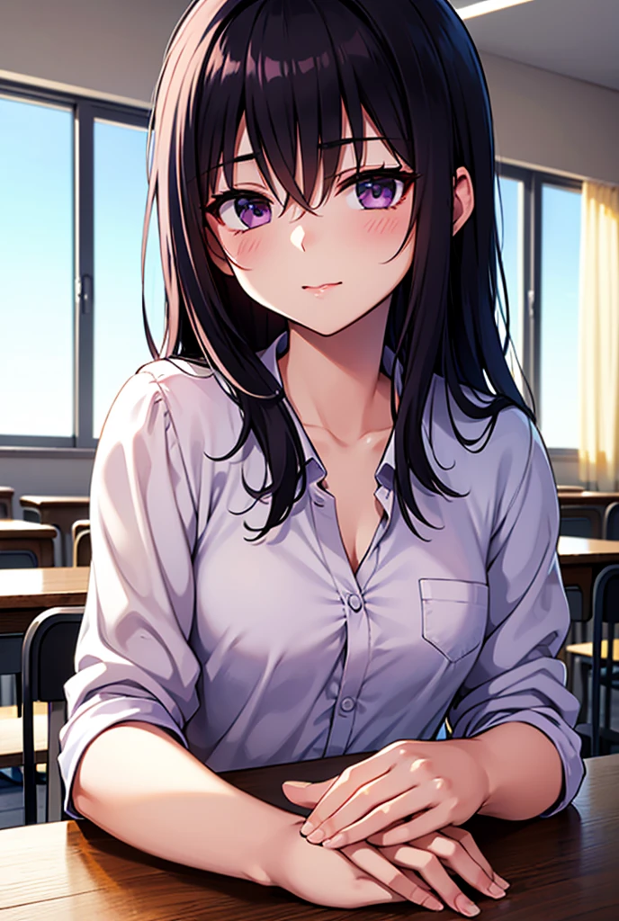 Shooting from above、hands on own face, looking up, Upper Body, Realistic, real person, (pale skin: 1.2), RAW photo, photorealistic, shiny skin, shiny hair、(A 25-year-old woman with straight hair and bangs) and (medium hair) and (black hair) and (purple eyes) , (white collared shirt)、(embarrassed:1.4), smile, The background is the interior of a restaurant at night.、Alone、Are standing