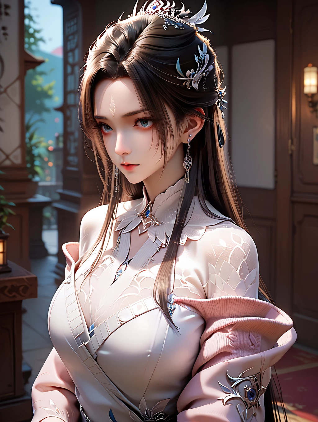 light particles, halo, (bioluminescent:0.95), bioluminescent, piercing glare,  vibrant, (((colourful))), color, (glowing, glow),ancient customs, wind blow, blossom, pond, night, moon relection in the pond, reflection light, depth of field, , multiple views, delicated best quality ,masterpiece, illustration, an extremely delicate and beautiful, extremely detailed ,CG ,unity ,8k wallpaper, Amazing, finely detail, masterpiece,best quality,official art,extremely detailed CG unity 8k wallpaper,absurdres, incredibly absurdres, huge filesize , ultra-detailed, highres, extremely detailed,beautiful detailed girl, extremely detailed eyes and face, beautiful detailed eyes,light on face,1girl, (Super realistic),  (brown hair), (hair over one eye), (single braid hair), (rainbow eyes), ((hair ornament)), ((jewelry)), (hair jewelry), (((describe the arm in detail))), (((Super ))), ((sagging breasts)), ((Plump body)), (Big breasts), (thighs), ((Plump )),, (detailed description of hair), ((upper body)), ( shoulder), ((collarbone)), (off shoulder), (Shiny skin), (detailed description of face), (Extremely detailed description of the eyes), (detailed description of body), (white and translucent skin), peerless beauty, (extreme beauty), (red lips), (shy ), ( smile), ((gothic lolitia dress)), (every pose)