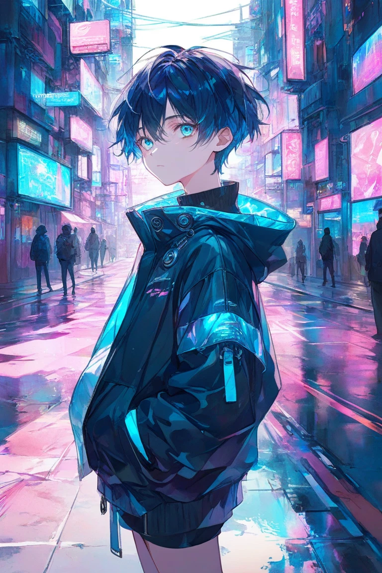 1 boy, (blue) hair, blue black jacket, street background cool pose