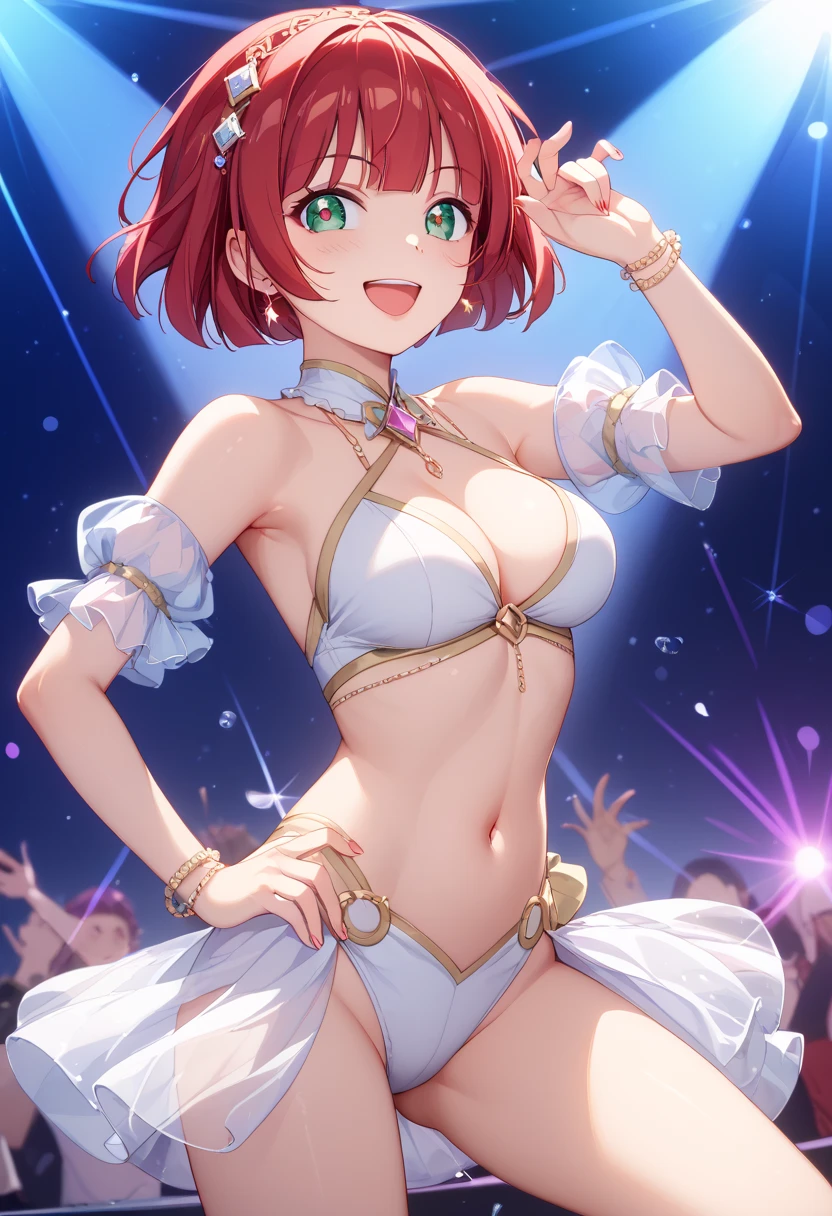 ,covered in , ,breast ,1 woman, 2 men,coral oriental dancer costume,dancing,so line,muffin top,cute face,double eyelid,smiling,,excited,ponytail,looking at viewer,pole dance,on stage,slav,beautiful woman,adult woman、There's a note stuck in my 、Money is flying、、Body tattoo、Perforated pants