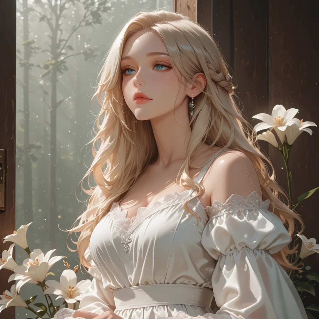 (Ultra Real), (Illustration), (High Resolution), (8K), (Very Detailed), (Best Illustration), (Beautiful Detailed Eyes), (Best Quality), (Super Detail), (Masterpiece), (Desktop Wallpaper), Beautiful Face, (Detailed Face), (Detailed Face), Clear  Features, Milky White, Fair Skin, High Detail Skin, Realistic Skin Detailing, Visible Pores, (Dynamic Pose), Sitting on the Ground, 1 Girl, John Collier and Albert Obright and Krenz S. Art by Kusart and Artem Demula, Open Shoulders, Shallow Smile, Carmelto, Half Body, Perfect Scale , Open Shoulders Dress: 1.5, Doorway, Side Light, Ray Glow, Optical