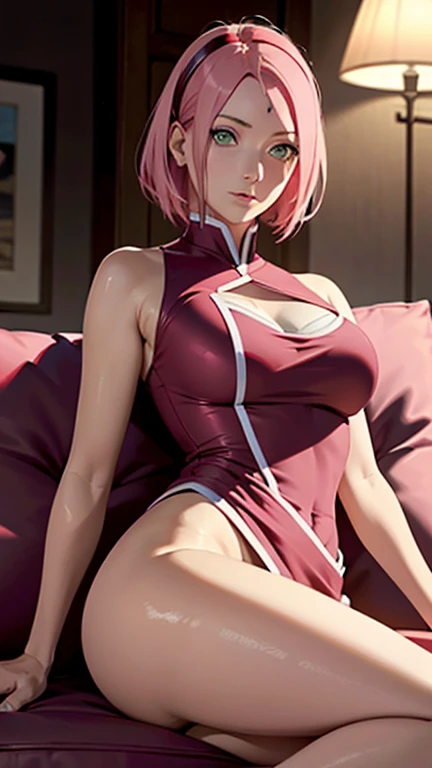 1girl, solo, full body,wearing armor,warrior armor, ancient armor, (((Pink armor boots))), masterpiece, (high detail:1 1), Rough face, Natural skin, high quality, , Sakura Haruno，Pink hair, short detailed hair，(headband), (forehead mark), Green eyes，（Big :1.2 ），( smile:1.2），Face blush，（cleavage:1.4）， figure, perfect bodies, beautiful eyes, (Detailed face and eyes), (face: 1 2), voices, Extra, real photo, ... ... ........... PSD, sharp focus, contrast lighting, Delicate skin, High definition 8K, incredible details, realistic, professional photo shooting, 8K UHD, SLR camera, soft lighting , high high quality, film grain, Fujifilm XT3, magic, particle FX, sideview, leggings, in the forest, dark forest, horror forest, cherry blossom petals, looking at viewer, (()), (((Show ))), (((Legs  opened))), (((Sitting on the bench))), (((foucs))), (((Sweaty body))), wet, (((Very wet))), (((close-up))), close up