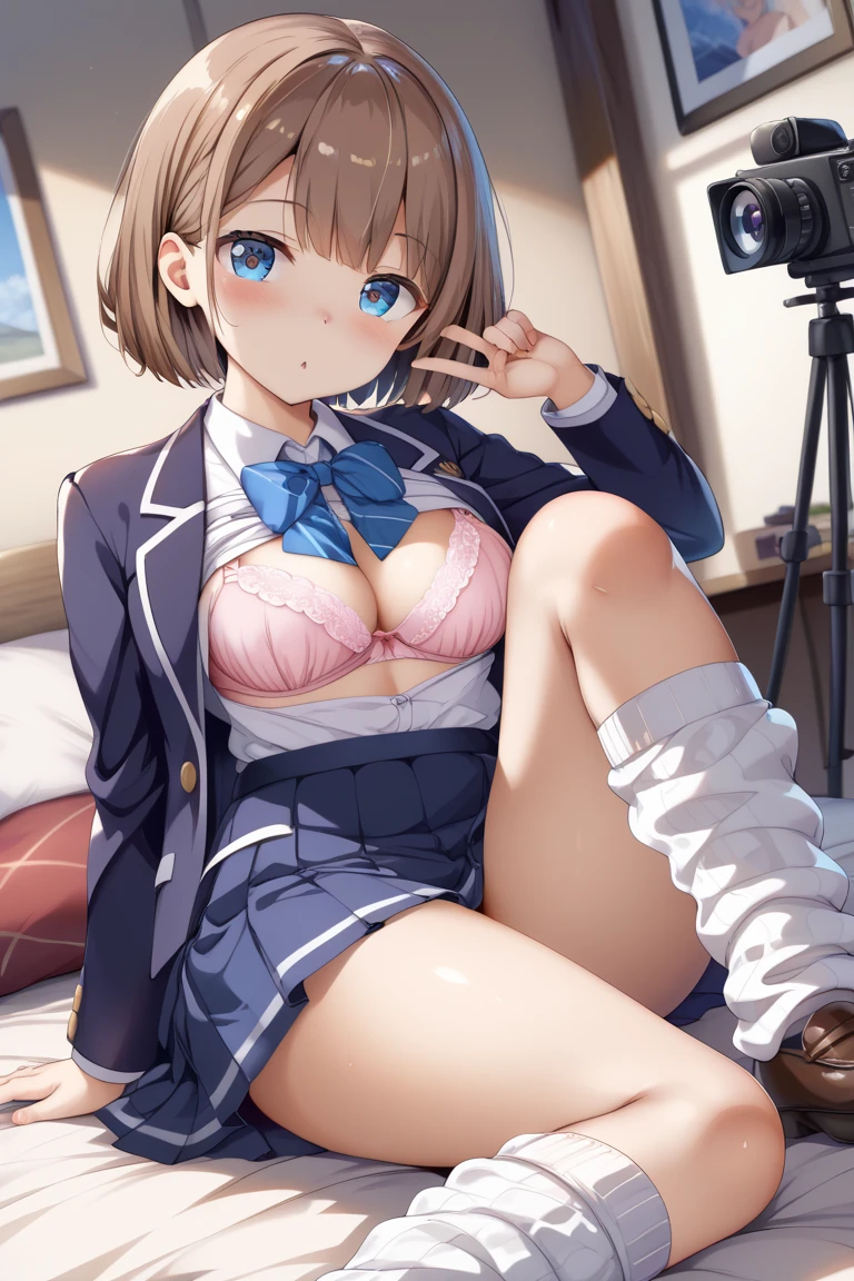 (8K、Highest quality、highest quality、masterpiece)、Detailed face、One girl、One Man、、、short hair、、blunt bangs、Grey Eyes、、、((Blazer jacket uniform))、((Pleated skirt))、((No ))、(())、 on the train、Very large breasts、 are visible、、Black Pantyhose、Milk dripping from nippleilk spurting from the 、、Open your mouth、Troubled face、 from the 、Full body portrait、One man、Hearts in the eyes、、Black Loafers、Applying the to the crotch、Put the in your、