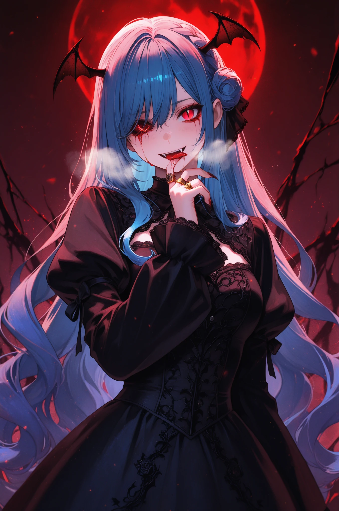 Dawn possessed by a perverted man, , small , dark blue long hair, glowing red eyes, horror scary settings, evil smile, in a tent, sweating, sitting, happy, exhausted