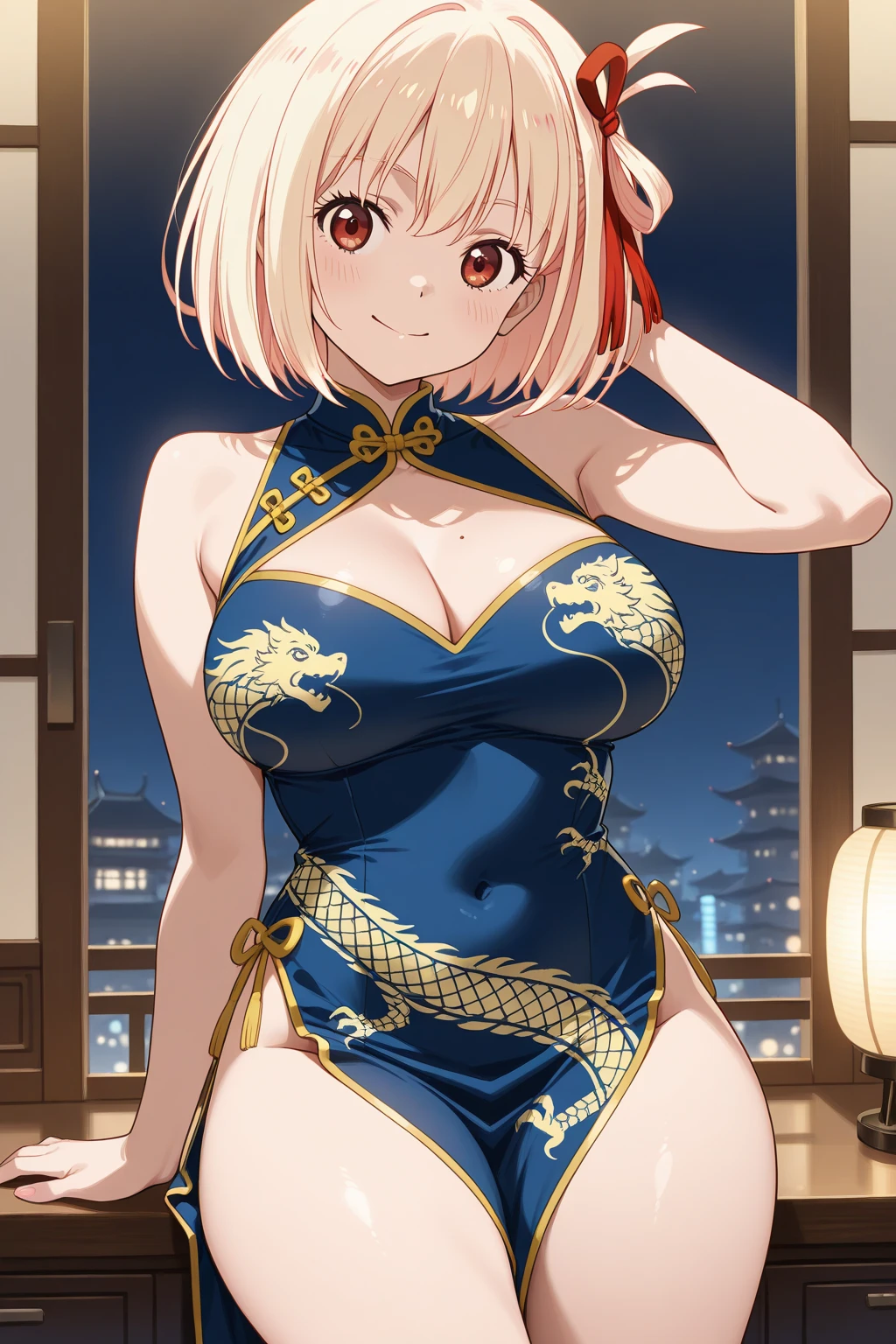 ((One personの女性)), Beautiful Face, ((Looking Outside:1.8)),Laugh shyly,((Wink:1.8)),Laugh with your mouth wide open((Bright red cheeks:1.4)),Glossy pink lips,night,rooftop,Festive decorations,You can see the ocean, firework,Laughing with your mouth open,Glossy pink lips, lighting,((Anime style background)),masterpiece, Highest quality, so beautiful,up to date, Complex details, (Pink long nails),(ring),(bracelet),(choker),AI-generated, Complex,High resolution, Highest quality, super high quality,3D Images、3D Images,One person,Long blonde hair,High Ponytail,(turquoise blue eyes),Anime woman posing for a photo, ((Fine grain、gradient eyes、Shining Eyes:1.4)),(Squint your eyes:1.1),a hyperRealistic , hyperRealistic , Realistic,Anime woman with long white hair, Smooth anime CG art, A woman in a colorful kimono with gold embroidery, (Pink long-sleeved kimono),Red floral pattern,Long flower hair ornament,big floral earrings,Mature Body,(Big Breasts:1.1),expensive,Abdominal muscles,Tight waist,(Zoom in on face:1.6),Shooting from diagonally below